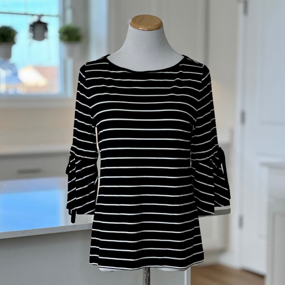 White House Black Market | Black & White Stripe 3/4 Bell Sleeve Top